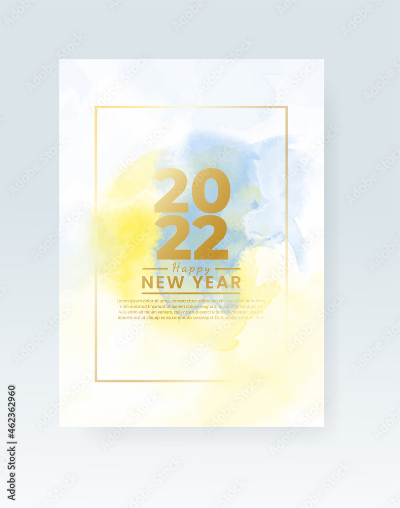 Happy new year 2022 poster or card template with watercolor wash splash 