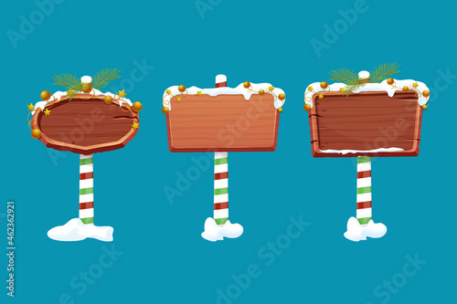 Set Christmas wooden signboard, road signs on striped stick with decoration, empty frame in cartoon style isolated on white background. Holiday decoration. Ui game asset.