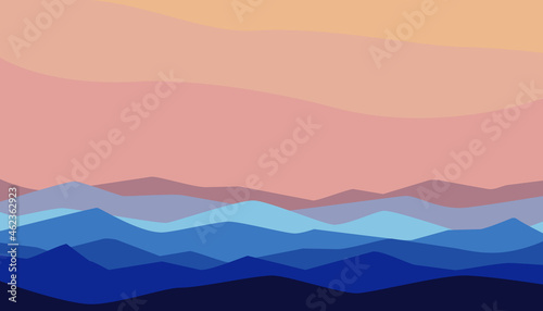Abstract landscape. Beautiful mountains and sky or sea waves. Landscape background in banner style. Colorful geometric template with wavy shape. Minimalist art print, nature wall decor. Vector.
