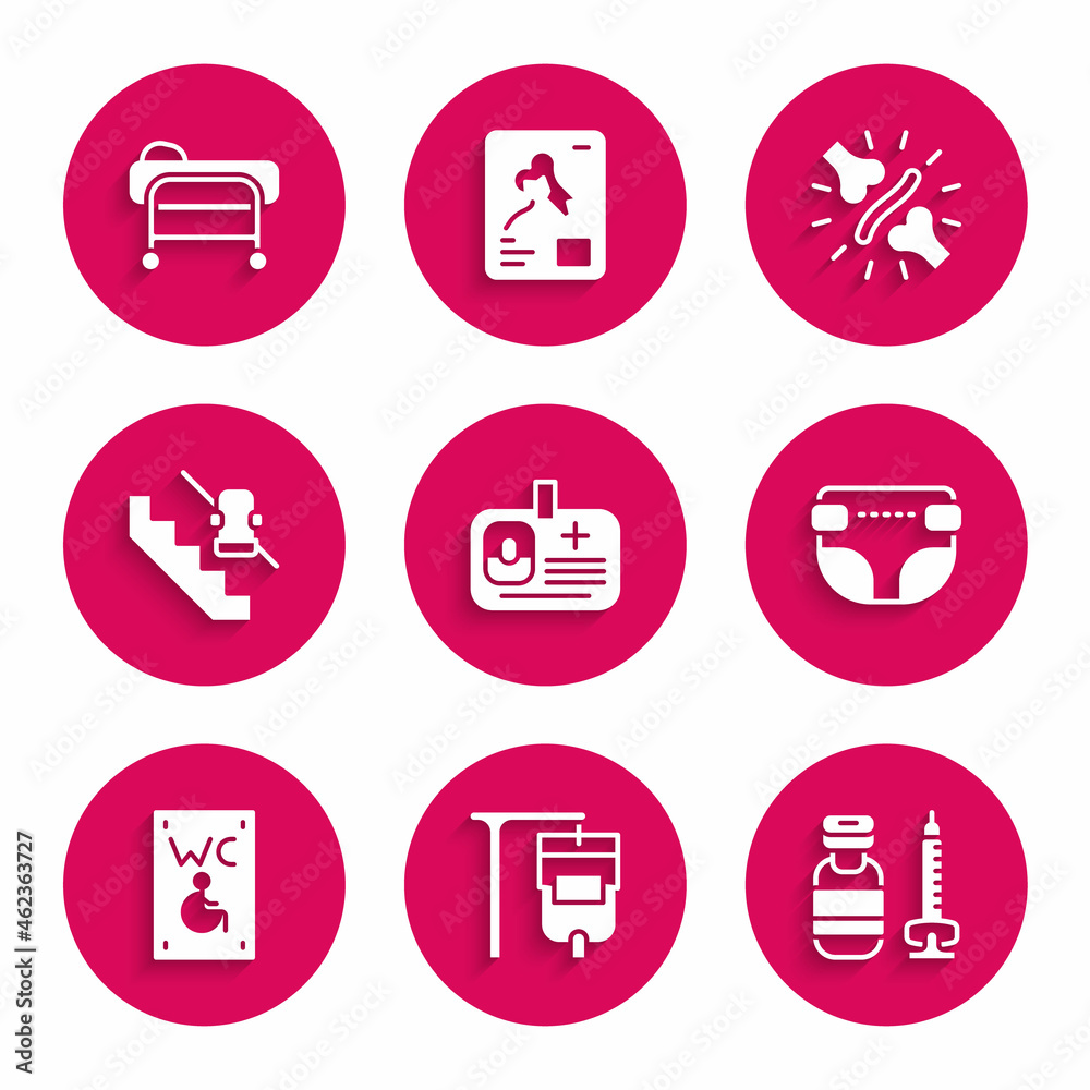 Set Identification badge, IV bag, Syringe, Adult diaper, Separated toilet for disabled, Disabled elevator, Joint pain, knee pain and Stretcher icon. Vector Set Identification badge, IV bag, Syringe, Adult diaper, Separated toilet for disabled, Disabled elevator, Joint pain, knee pain and Stretcher icon. Vector