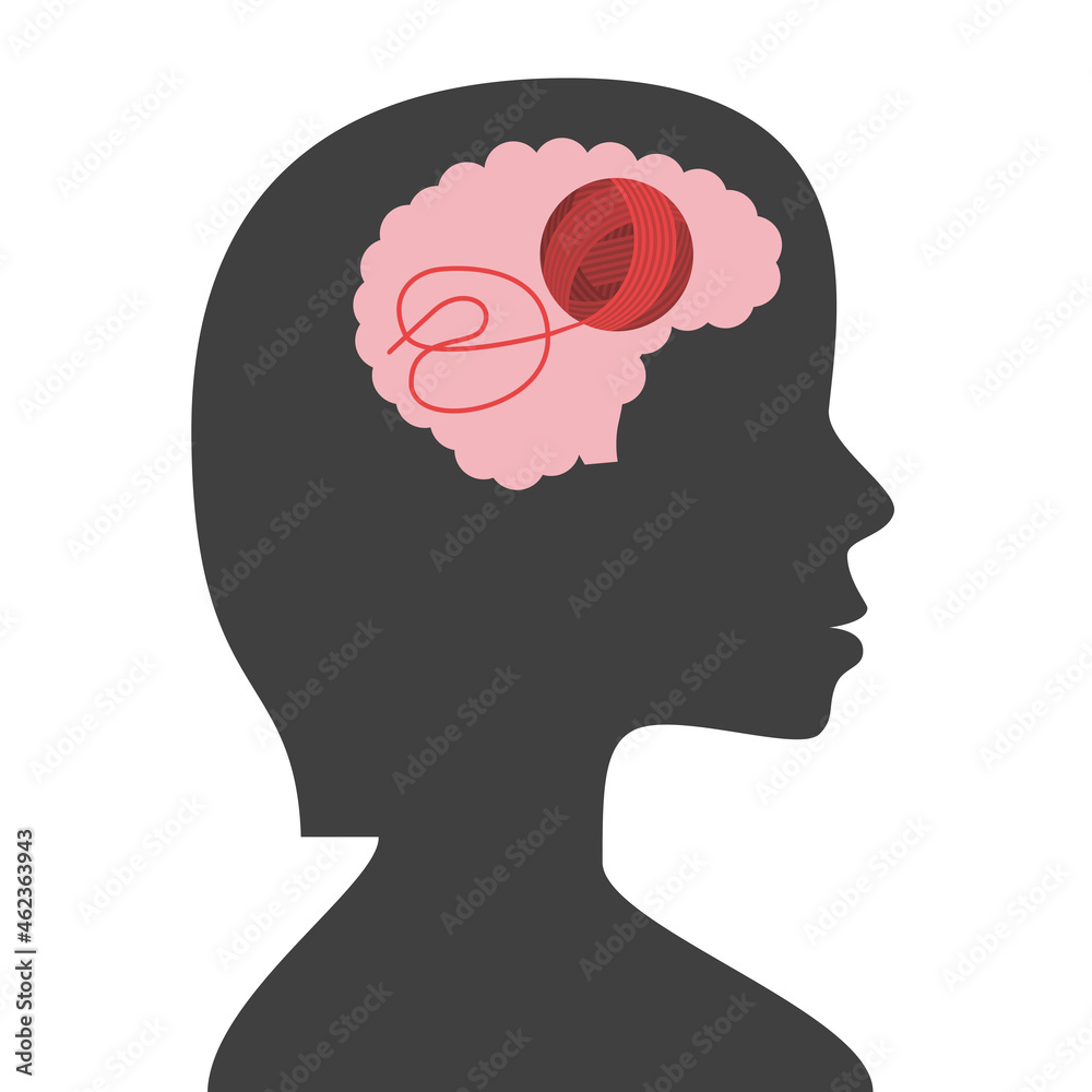 Ball of thread or yarn inside brain. Knitting, crocheting, mind, thinking, mental disorder and intelligence concept. Flat design. Vector illustration. EPS 8, no gradients, no transparency Ball of thread or yarn inside brain. Knitting, crocheting, mind, thinking, mental disorder and intelligence concept. Flat design. Vector illustration. EPS 8, no gradients, no transparency