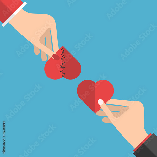 Woman, man with broken and good hearts. Relationship, help, love, crisis, happiness, new life, psychology, health care concept. Flat design. Vector illustration. EPS 8, no gradients, no transparency