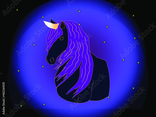 On an abstract magical background, a black unicorn with a purple developing mane. Symbol, sign for magical retuals and séances.