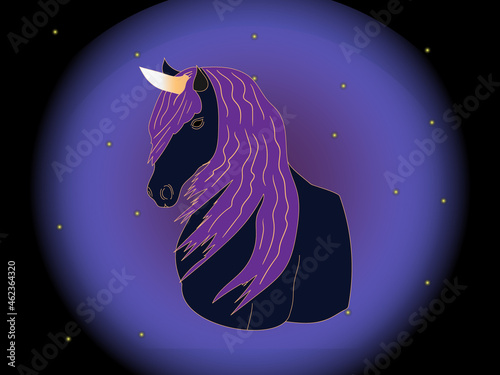 On an abstract magical background, a black unicorn with a purple developing mane. Symbol, sign for magical retuals and séances. photo