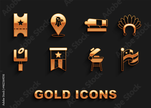 Set American flag, Indian headdress with feathers, Barbecue grill, football goal post, Cannon, Baseball ticket and Eagle icon. Vector