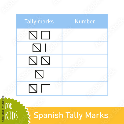 Math task with spanish tally marks. Counting game for preschool and school children. Educational mathematical game. Vector illustration isolated on white background.