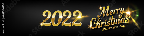 Merry Christmas Lettering for Invitation and Greeting Card, Prints, and Posters with Golden Bokeh Number 2022. Calligraphic Design on Black