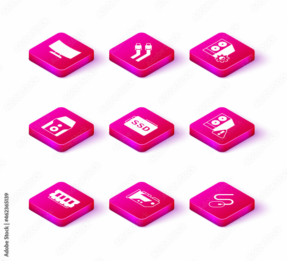 Set RAM, random access memory, Video graphic card, Uninterruptible power supply, SSD, Computer mouse, Case of computer, and LAN cable network internet icon. Vector Set RAM, random access memory, Video graphic card, Uninterruptible power supply, SSD, Computer mouse, Case of computer, and LAN cable network internet icon. Vector
