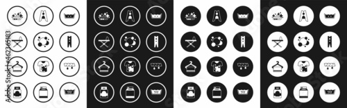 Set Temperature wash, Soap water bubbles, Iron and ironing board, Towel stack, Clothes pin, Squeeze clothes and hanger icon. Vector
