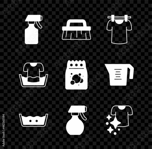 Set Water spray bottle, Brush for cleaning, Drying clothes, Temperature wash, Basin with shirt and Laundry detergent icon. Vector