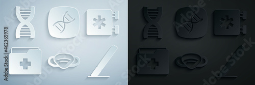 Set Medical protective mask, Emergency - Star of Life, Patient record, Surgery scalpel, DNA symbol and icon. Vector