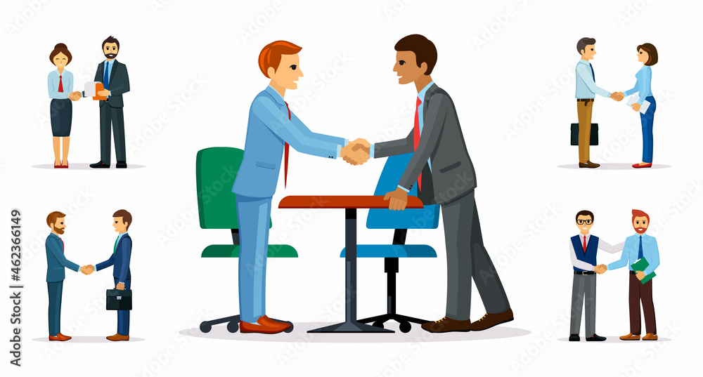 Businessmen handshakes set. Business people in suits complete deal with handshake successful partnership and lucrative contract for confident cooperation. Relationship cartoon vector