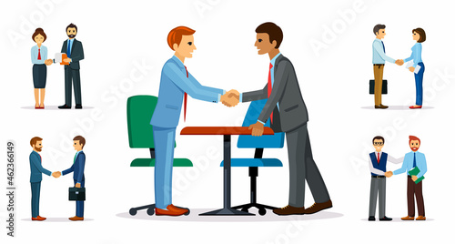 Businessmen handshakes set. Business people in suits complete deal with handshake successful partnership and lucrative contract for confident cooperation. Relationship cartoon vector