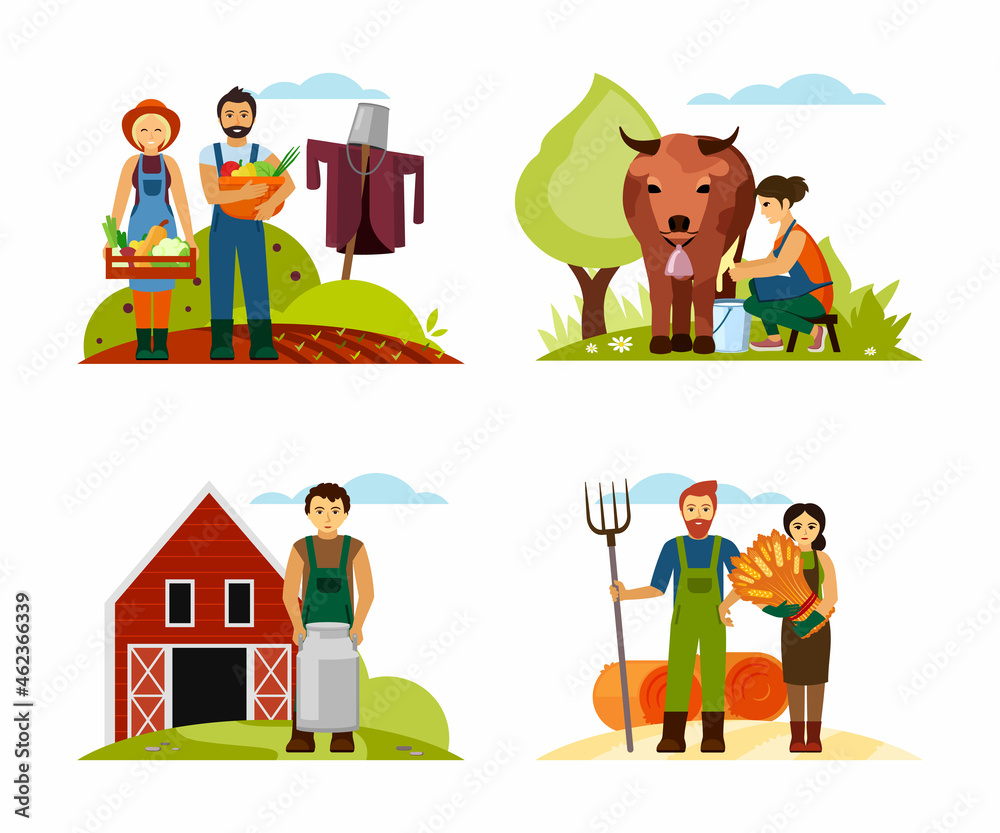 People doing farm work set. Male and female character with boxes of fresh vegetables on field woman milks cow man drags can of milk into barn joyful farmers with sheaf of wheat. Cartoon vector. People doing farm work set. Male and female character with boxes of fresh vegetables on field woman milks cow man drags can of milk into barn joyful farmers with sheaf of wheat. Cartoon vector.