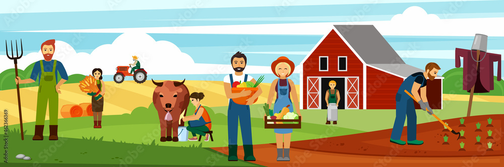 Farm work illustration. Harvesting and weeding of vegetable garden good milk yield with wheat mowing and field cultivation with tractor daily crop cultivation. Cartoon vector farming.