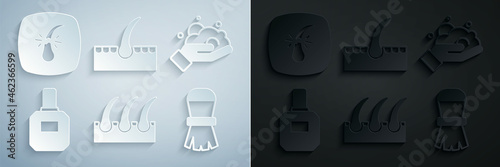 Set Human hair follicle, Shaving foam on hand, Aftershave, brush, and Broken icon. Vector