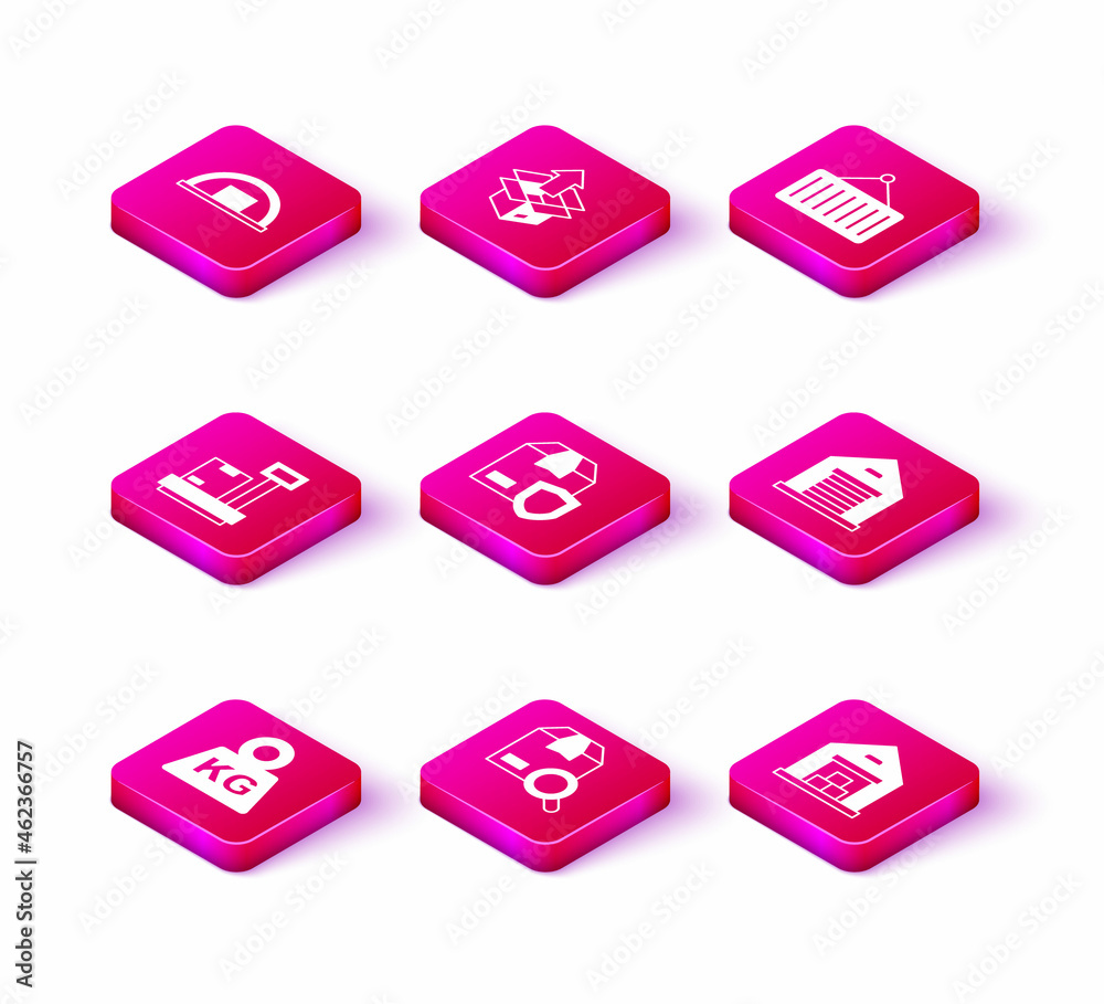 Set Weight, Search package, Scale with cardboard box, Delivery security shield, Warehouse, Container on crane and Unboxing icon. Vector Set Weight, Search package, Scale with cardboard box, Delivery security shield, Warehouse, Container on crane and Unboxing icon. Vector