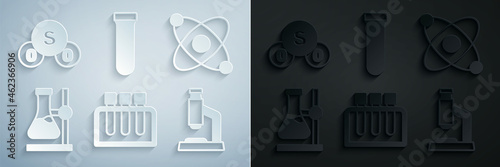 Set Test tube, Atom, flask on stand, Microscope, and Sulfur dioxide SO2 icon. Vector