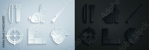 Set Cartridges, Hunting gun, Target sport for shooting competition, Flying duck shield, Rabbit and Bow and arrow quiver icon. Vector