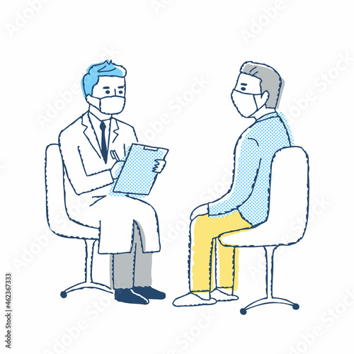 診察室で問診をしている医者と患者の男性 © hisa-nishiya