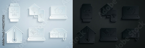 Set Laptop with smart home with wi-fi, house under protection, House temperature, Smart and watch and alarm icon. Vector