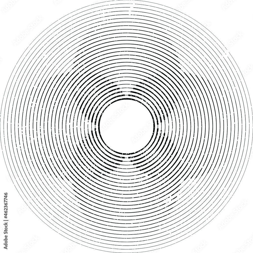 Grunge lines in Circle Form . Spiral Vector Illustration .Textured round Logo . Design element . Abstract Geometric circular shapes .Rotating grunge radial line. Concentric circles