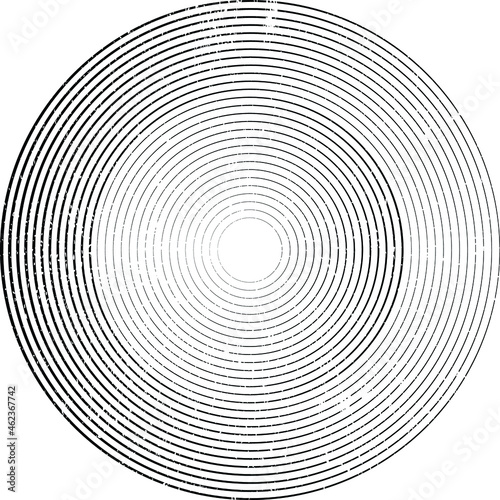 Grunge lines in Circle Form . Spiral Vector Illustration .Textured round Logo . Design element . Abstract Geometric circular shapes .Rotating grunge radial line. Concentric circles