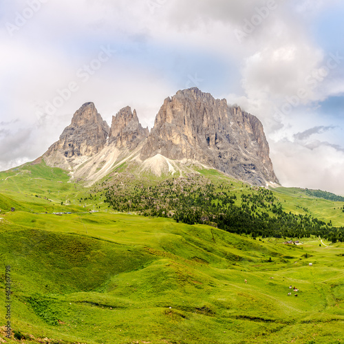 View from Sella Pass at the Sassolungo Peek in South Tyrol Dolomites, Italy
