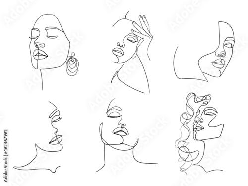 Set of six portrait. Simple, minimalist vector illustration of beautiful woman face. Line drawing.