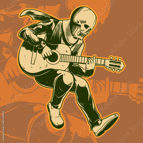 Skull and guitar and heavy metal illustration graphic. Scary skeleton guitarist rock star playing electric guitar. Hard rock design for t-shirt or tattoo. Vector illustration