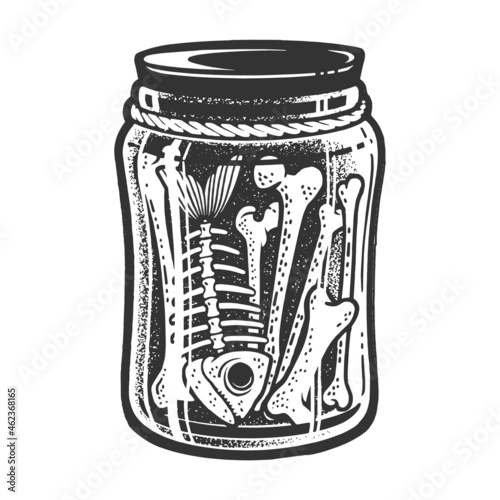 bones in a jar witchcraft ingredients sketch engraving vector illustration. Halloween illustration. T-shirt apparel print design. Scratch board imitation. Black and white hand drawn image.