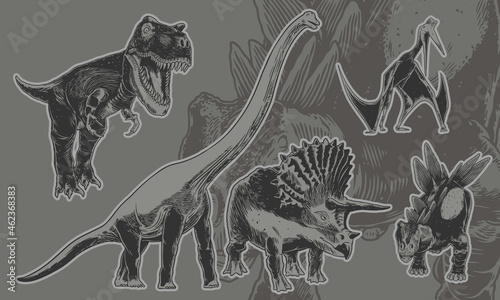 Vintage set of dinosaurs with Triceratops, Stegosaurus, Pterosaur, Tyranosaurus, Brontosaur. Vector retro illustration for t-shirt print or banner, poster design