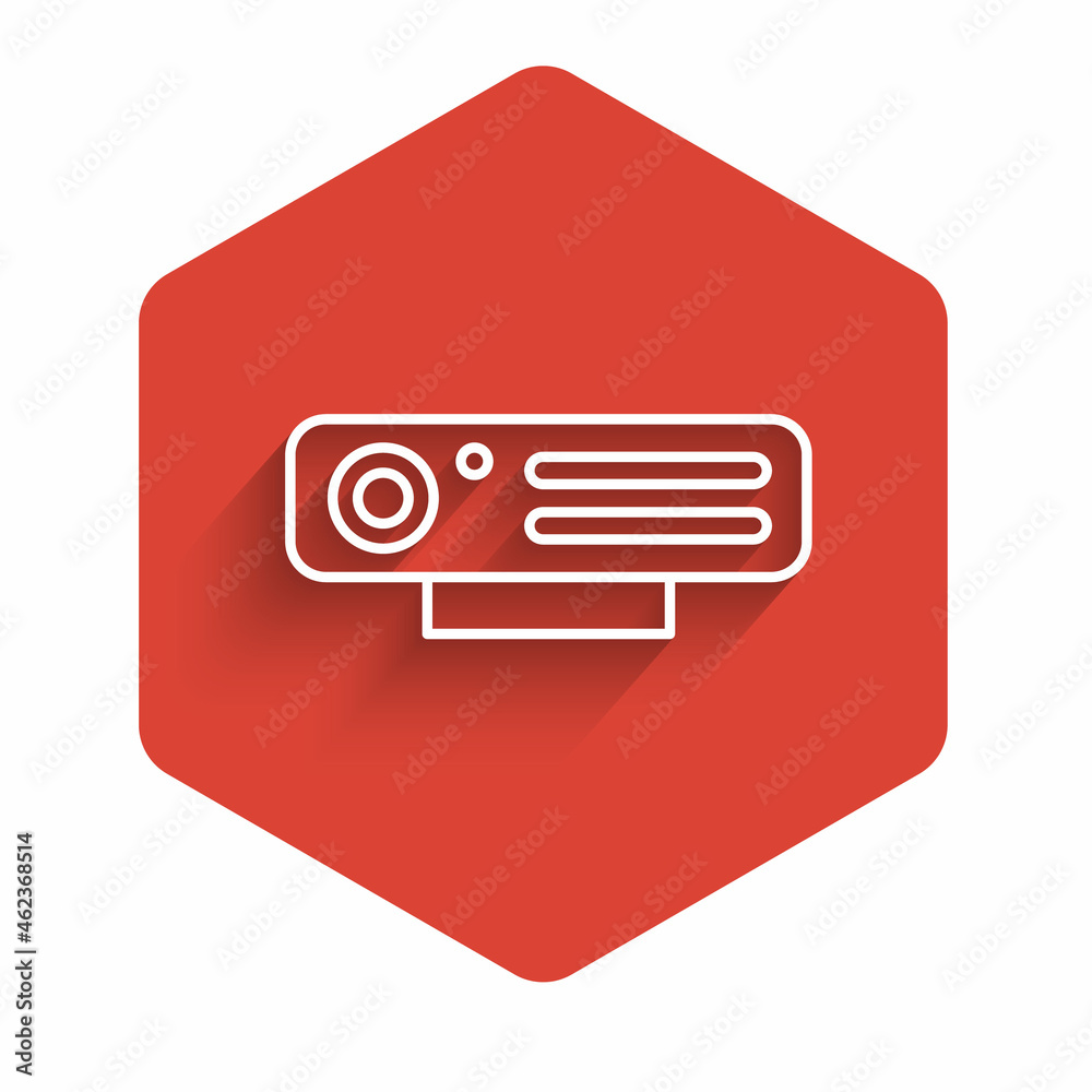 White line Web camera icon isolated with long shadow. Chat camera. Webcam icon. Red hexagon button. Vector White line Web camera icon isolated with long shadow. Chat camera. Webcam icon. Red hexagon button. Vector