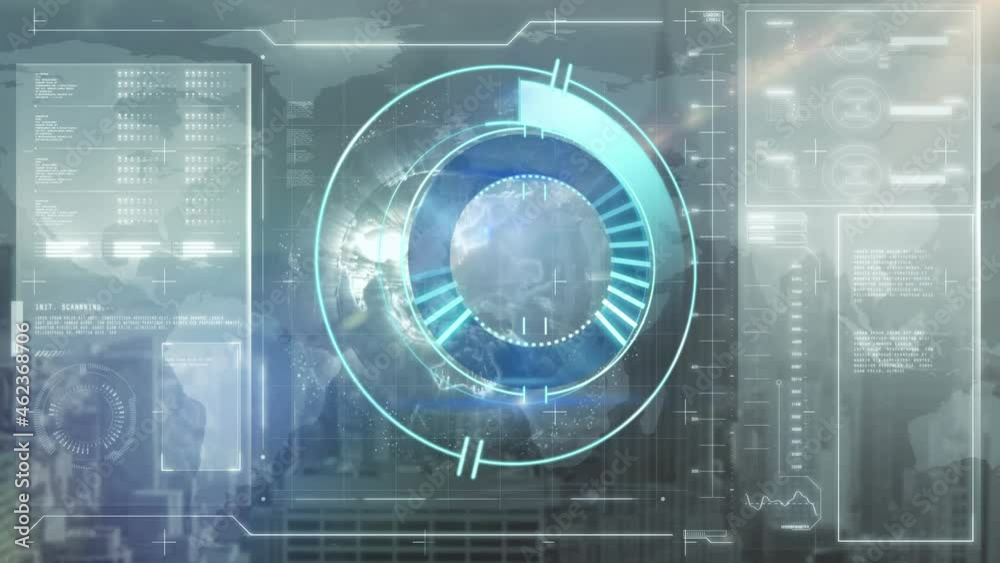 Animation of scope scanning and data processing over cityscape Animation of scope scanning and data processing over cityscape