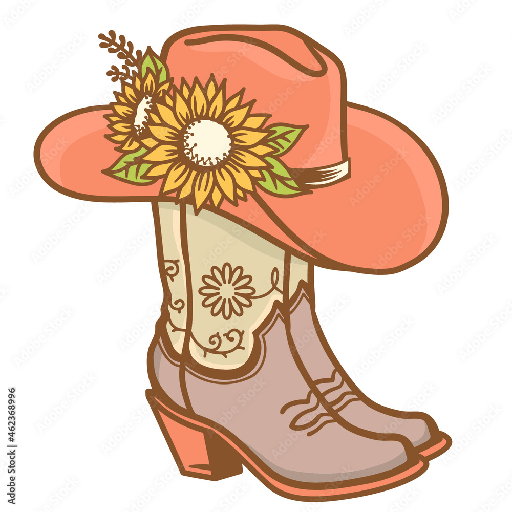 Vecteur Stock Cowboy boots and cowboy hat with sunflowers decoration.  Cowgirl boots vector vintage color illustration isolated for print. Country  wedding decor | Adobe Stock