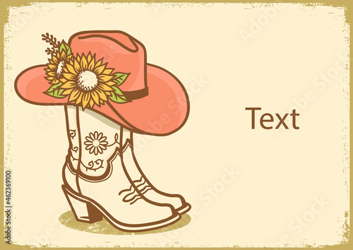 Cowboy boots and cowboy hat with sunflowers decoration. Cowgirl boots vector vintage illustration. Country wedding hand drawn illustration on old paper texture for text