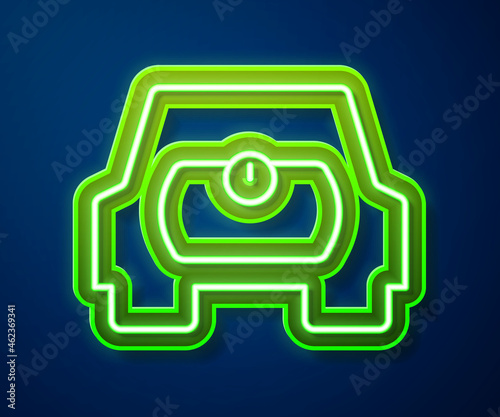Glowing neon line Gas tank for vehicle icon isolated on blue background. Gas tanks are installed in a car. Vector