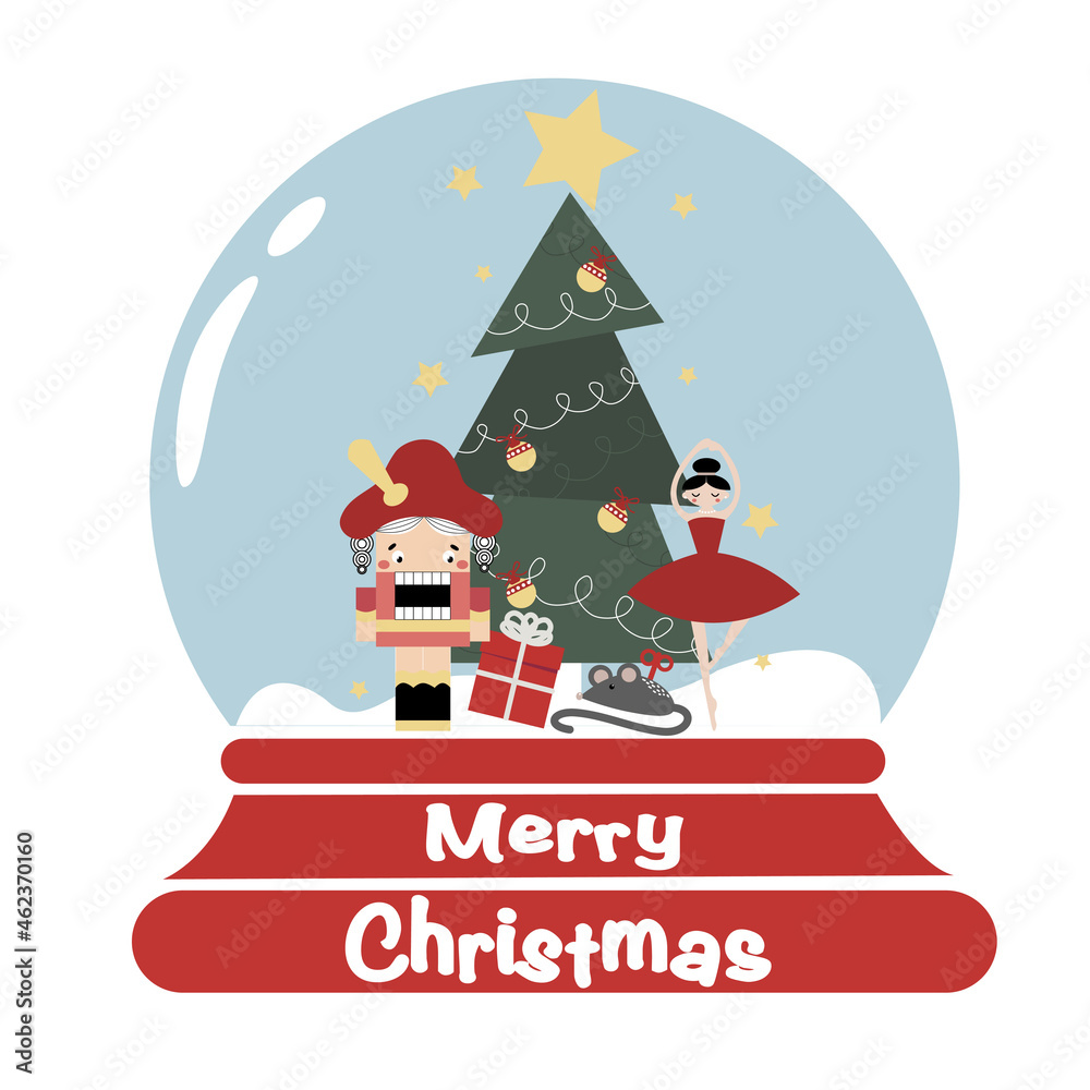 Vector christmas card with snowe globe with christmas tree, Nutcracker, ballerina and gift boxes for greeting card or invitation Vector christmas card with snowe globe with christmas tree, Nutcracker, ballerina and gift boxes for greeting card or invitation