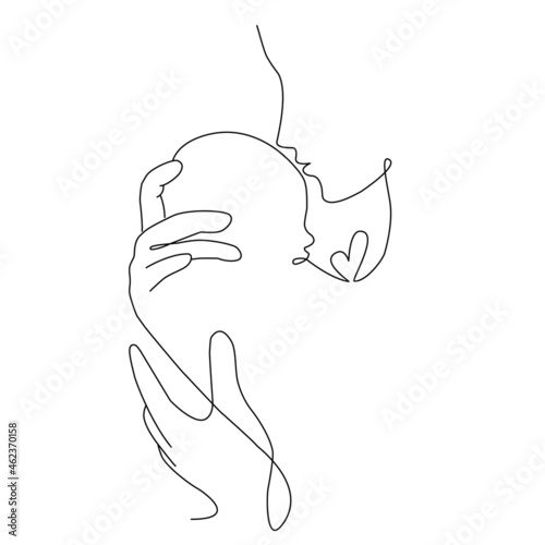 Vector cute one line art illustration of family portret. Lineart mother holding a new born baby in lineart style with heart