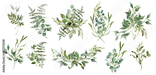 Watercolor greenery. Green floral. Eucalyptus leaves  wedding bouquet. Branches  twigs  foliage for elegant card and invitation