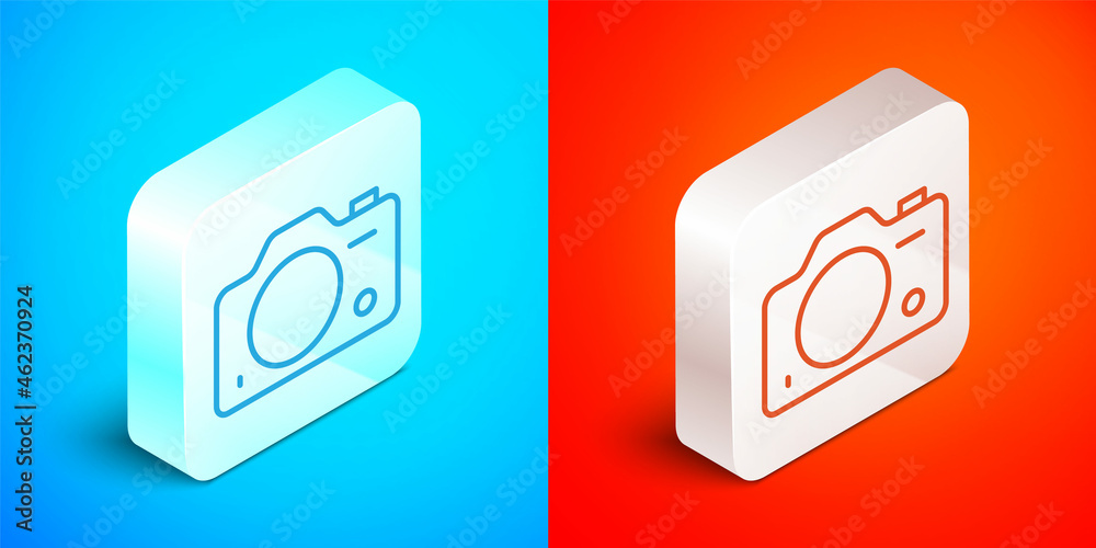 Isometric line Photo camera icon isolated on blue and red background. Foto camera. Digital photography. Silver square button. Vector Isometric line Photo camera icon isolated on blue and red background. Foto camera. Digital photography. Silver square button. Vector