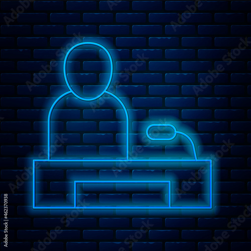 Glowing neon line Television report icon isolated on brick wall background. TV news. Vector