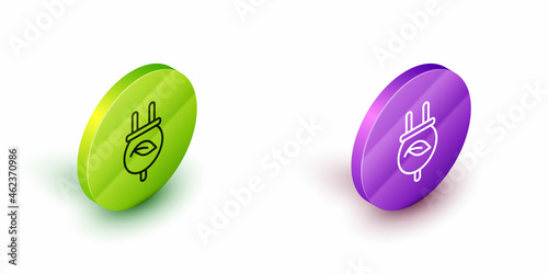 Isometric line Electric saving plug in leaf icon isolated on white background. Save energy electricity. Environmental protection. Bio energy. Green and purple circle buttons. Vector