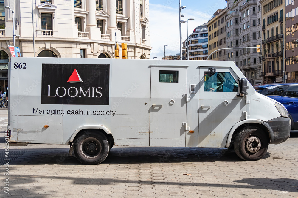 Barcelona, Spain-September 19, 2021: Loomis armored money truck in