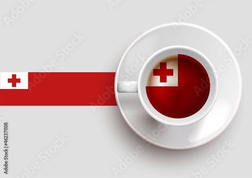 Tonga flag with a tasty coffee cup on top view and a gradient background. Hot beverage with Tonga flag, vector illustration. 
