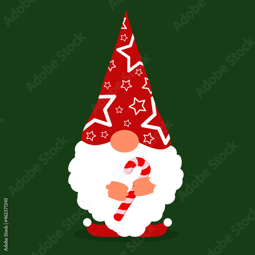 vector illustration of a little gnome in Christmas style on a dark green background with a candy cane  in his hands