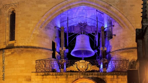 The Grosse Cloche illuminated at night during Christmas in Bordeaux, France photo