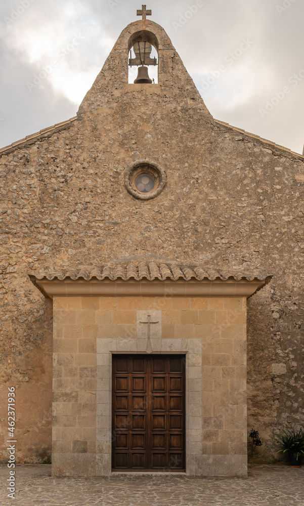 Main facade of the parish church, located in the Christian sanctuary of Randa, island of Mallorca, Spain