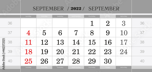 September 2022 quarterly calendar block. Wall calendar in English, week starts from Sunday.