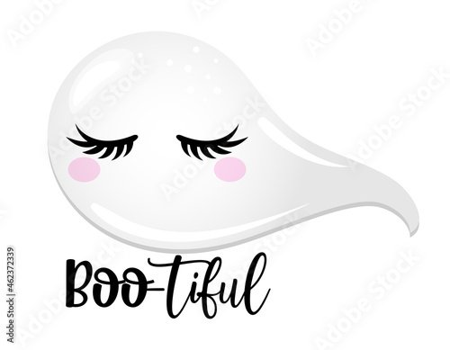Boo-tiful (beautiful), Happy Halloween - beautiful ghost girl. Spooky ghost doodle draw for print. Adorable poster for Halloween party, good for t shirts, gifts, mugs or print designs. Trick or treat.